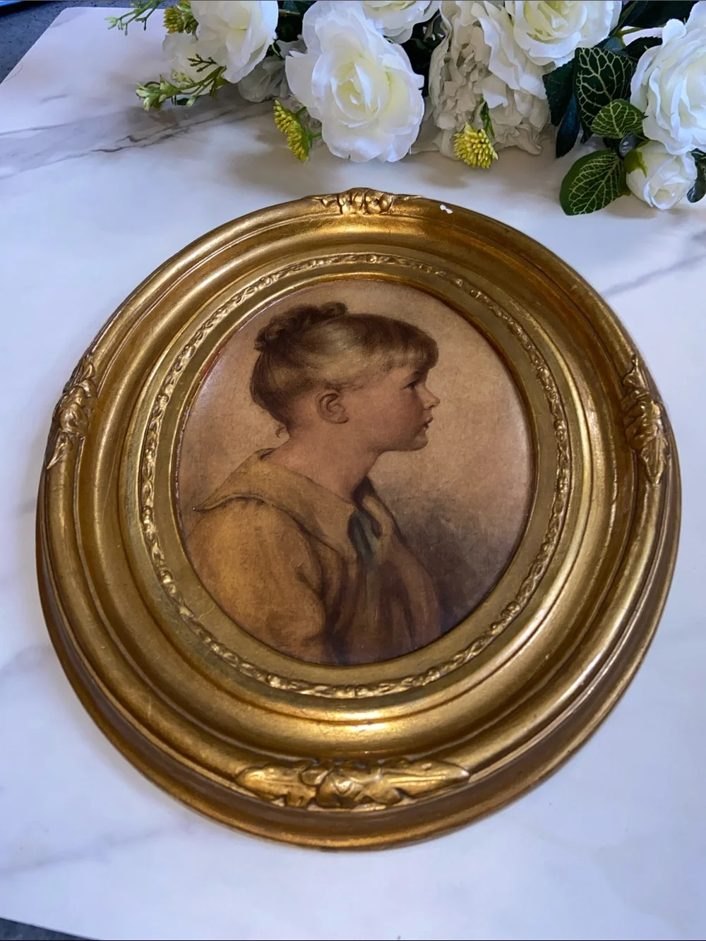 Gold Tone Oval Wall Frame with Vintage Portrait